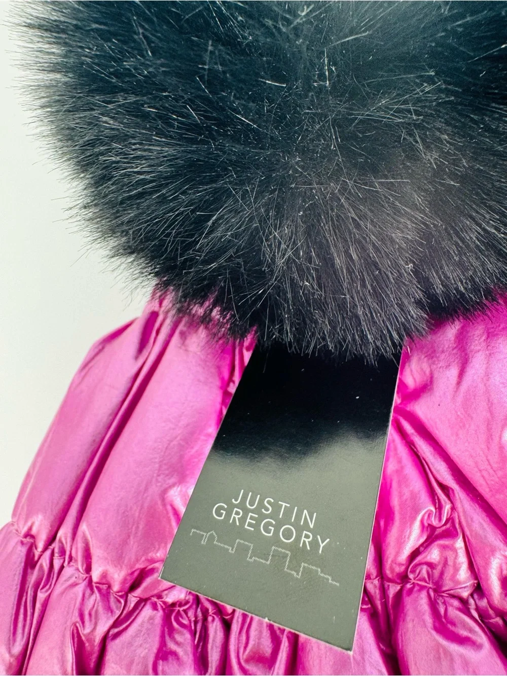 Justin Gregory Pom Pom Beanie Puffer Hat Black Pink Metallic Winter NEW